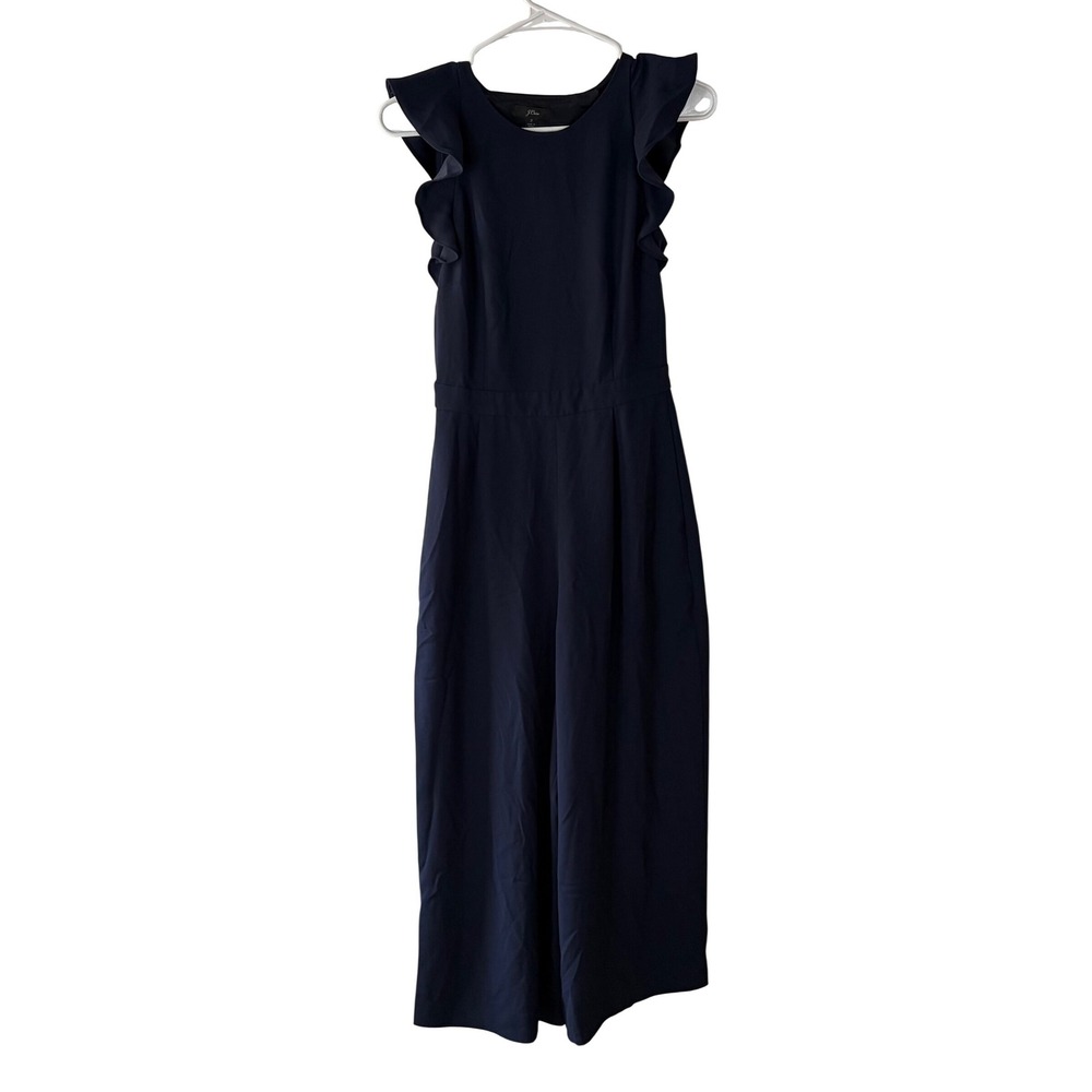 J.Crew Navy Blue Ruffle Sleeve Open Back Wide Leg Elegant Jumpsuit Size 2‎